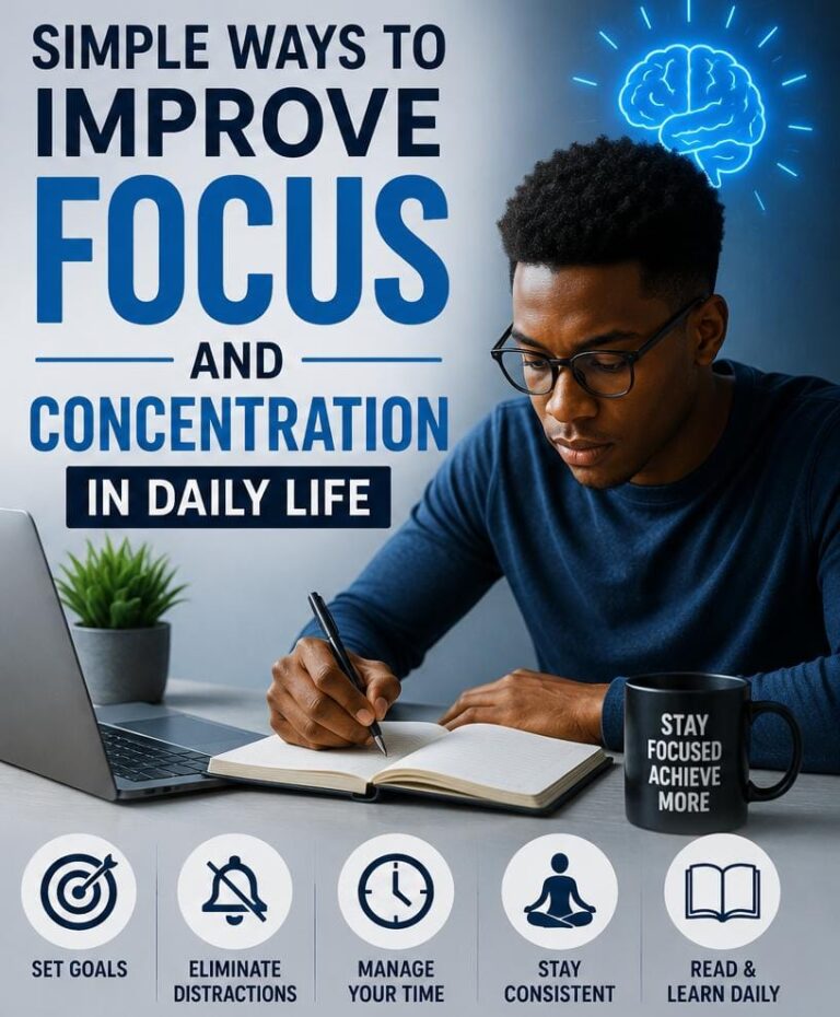 Student concentrating while writing with a laptop and brain icon representing mental focus.