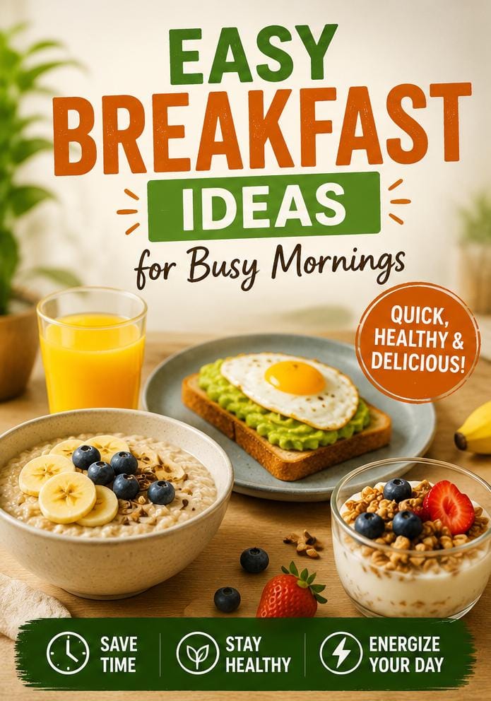 Healthy breakfast with eggs, toast, oatmeal, fruit, and orange juice on a table.