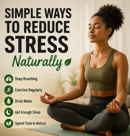 Woman meditating peacefully to reduce stress naturally.