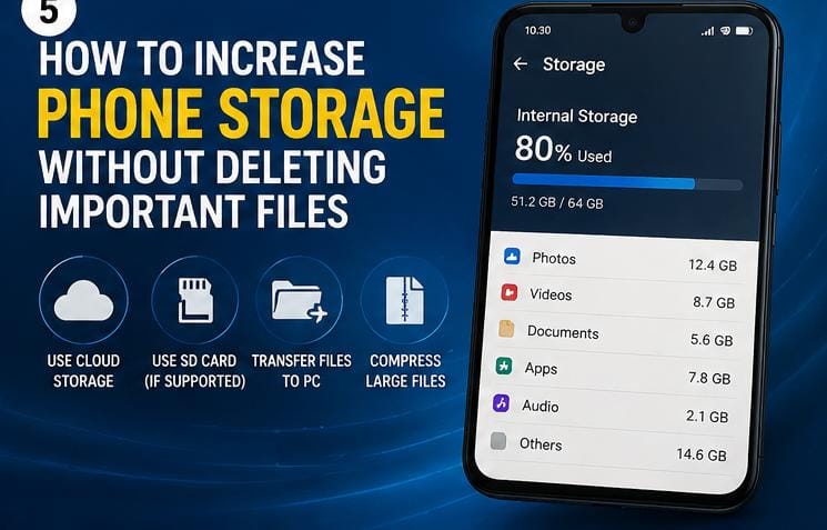 Smartphone storage settings with cloud storage and file management icons.