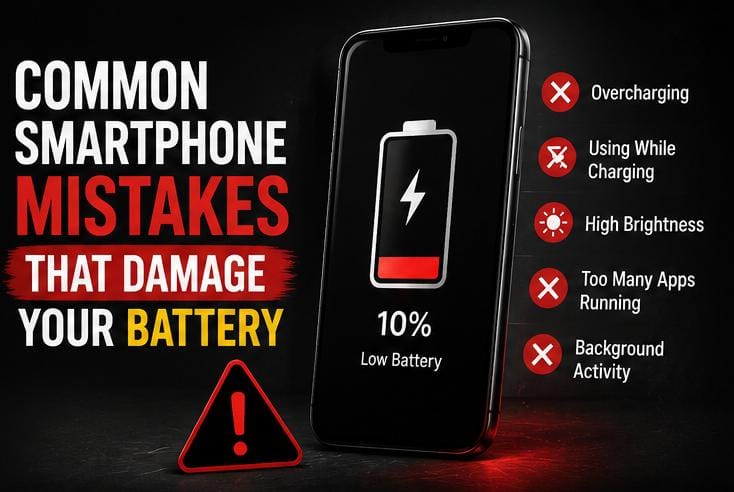 Smartphone showing low battery warning with common battery-damaging mistakes.