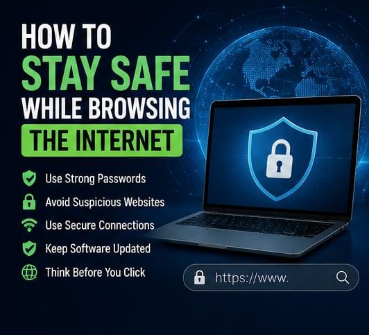 Laptop displaying a security shield representing safe internet browsing.