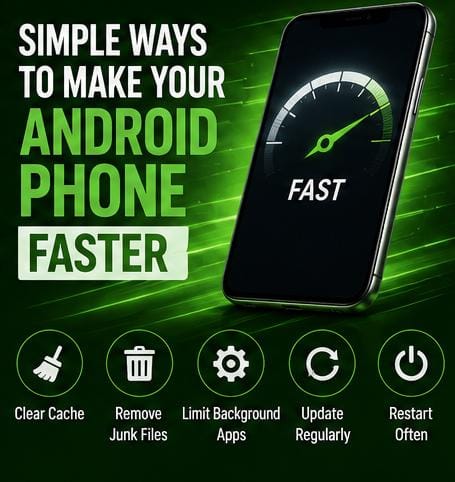 Android smartphone displaying a speed meter and optimization icons.