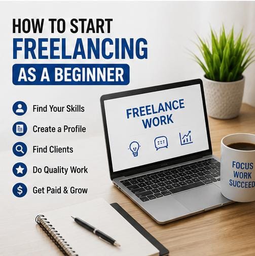 Laptop displaying freelance work with workspace items for beginners.