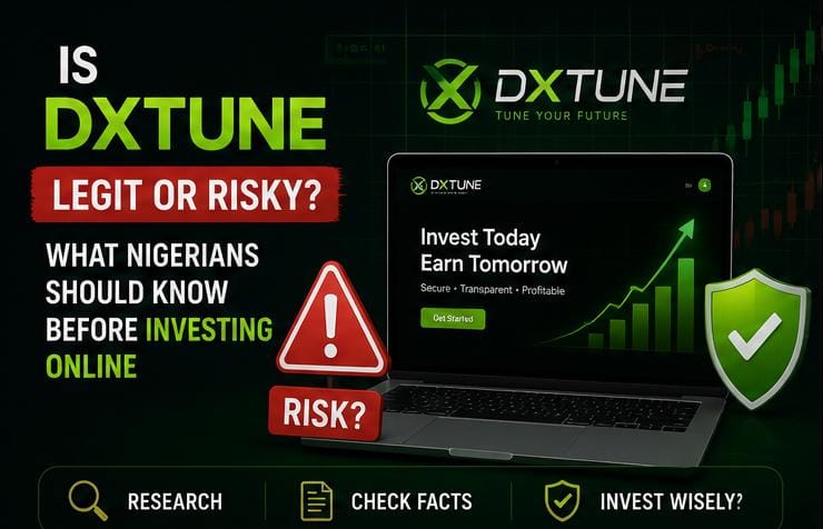 DXTUNE investment dashboard with caution sign and security shield.