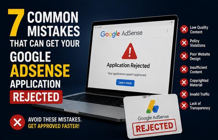 Laptop displaying Google AdSense rejection message with warning symbols.