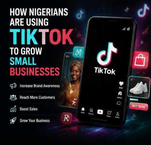 Smartphone displaying TikTok with business and shopping icons.