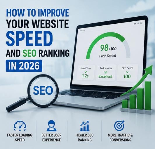 Laptop showing website speed score and SEO performance dashboard.