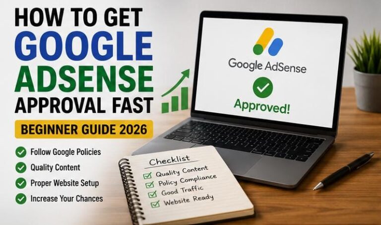 Laptop displaying Google AdSense approval with a green check mark and checklist