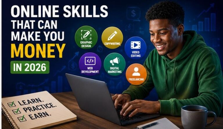 Young freelancer working on a laptop with digital skill icons