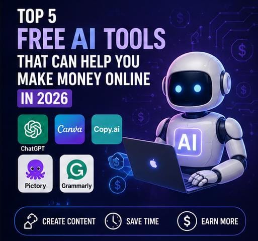 AI assistant robot with laptop and popular AI tool logos.