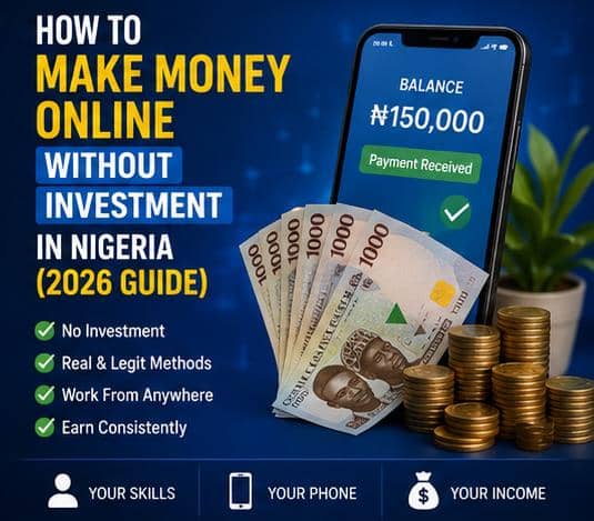 Smartphone displaying online earnings with Nigerian naira notes and coins