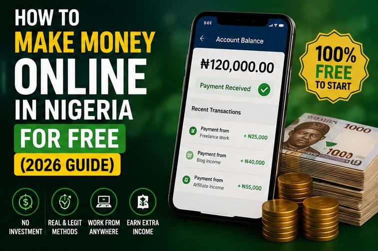 Young Nigerian earning money online using a laptop and smartphone with naira symbols.